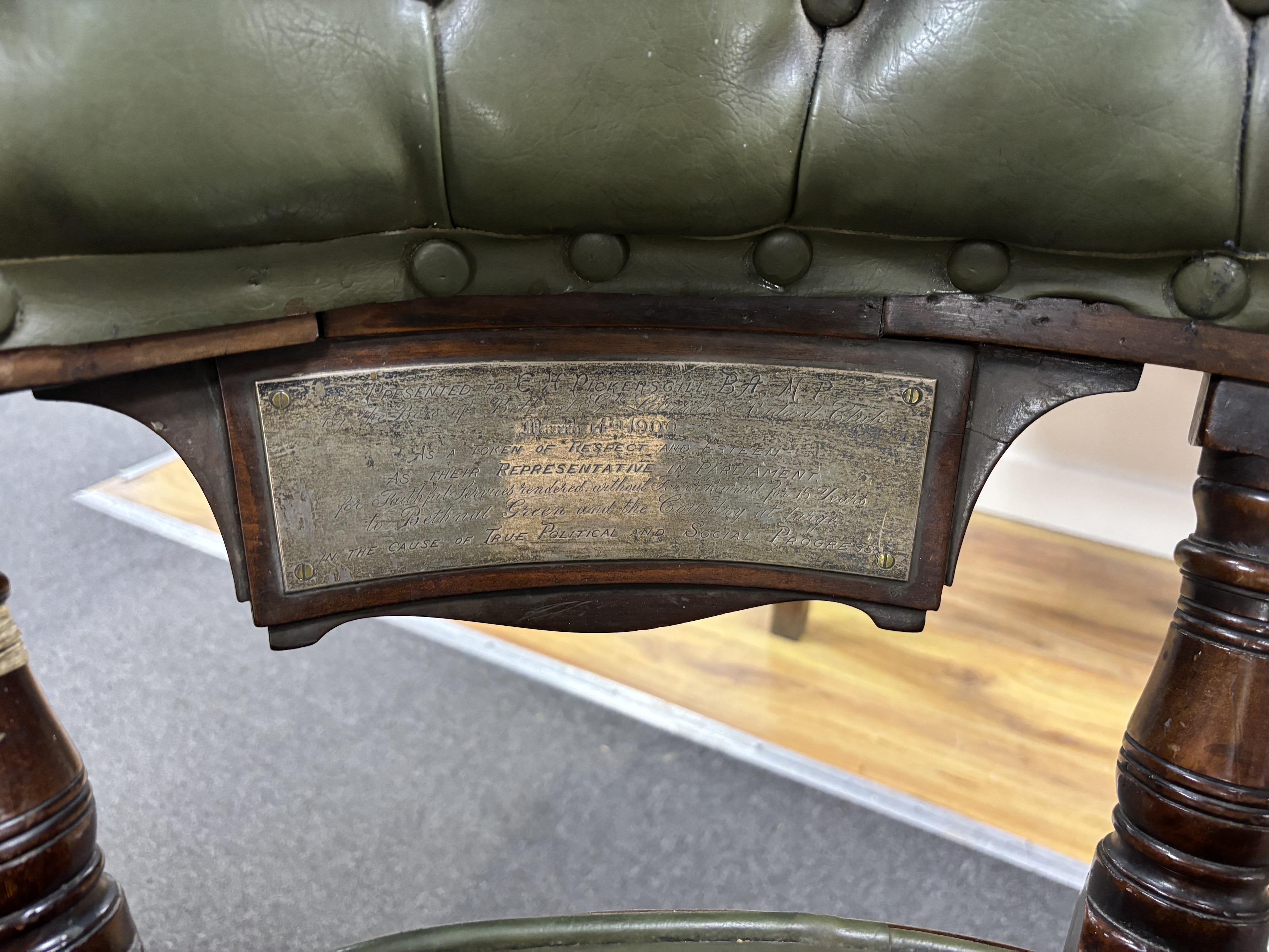 A late Victorian mahogany pedestal desk, width 118cm, depth 65cm, height 148cm, provenance Pickersgill, Labour MP and an associated late Victorian mahogany office elbow chair, provenance as above